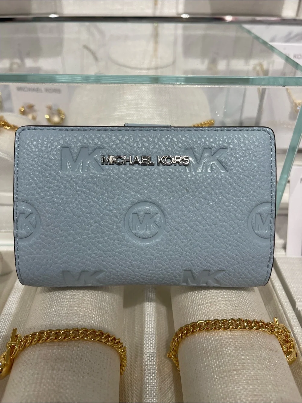 Michael Kors Jet Set Travel Med MK Logo Debossed Bifold Wallet Pale Ocean  NWT